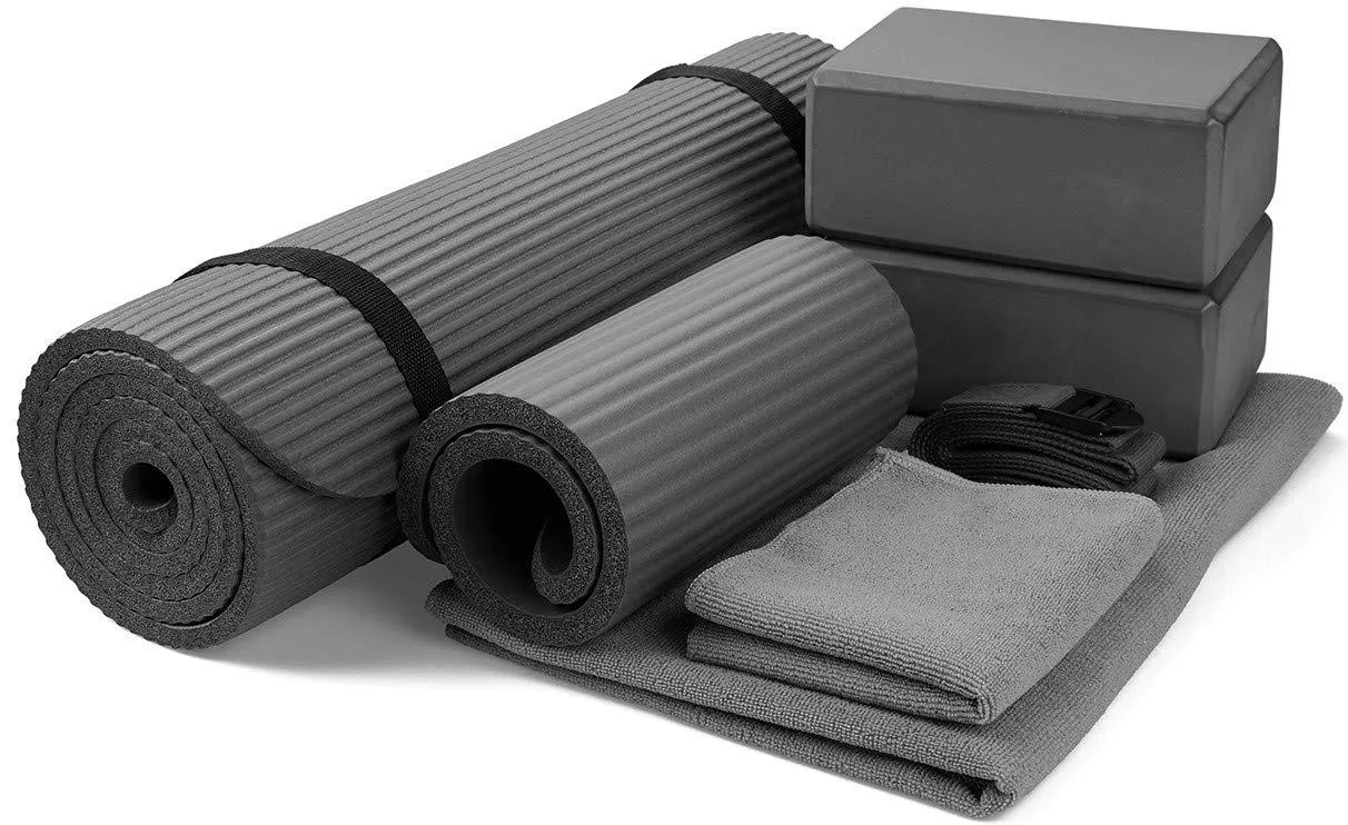 7-Piece Set - Include Yoga Mat with Carrying Strap, 2 Yoga Blocks, Yoga Mat Towel, Yoga Hand Towel, Yoga Strap and Yoga Knee Pad (Gray, 1/2"-Thick Mat)