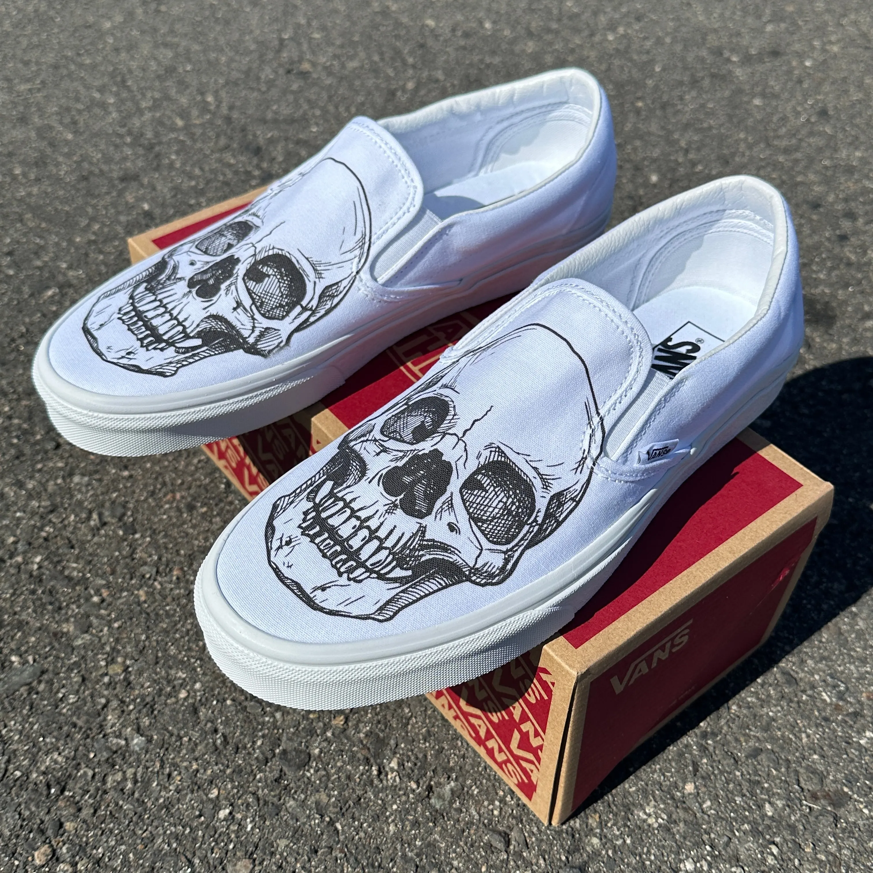 Big Skull Head Slip Ons - Custom White Vans Shoes