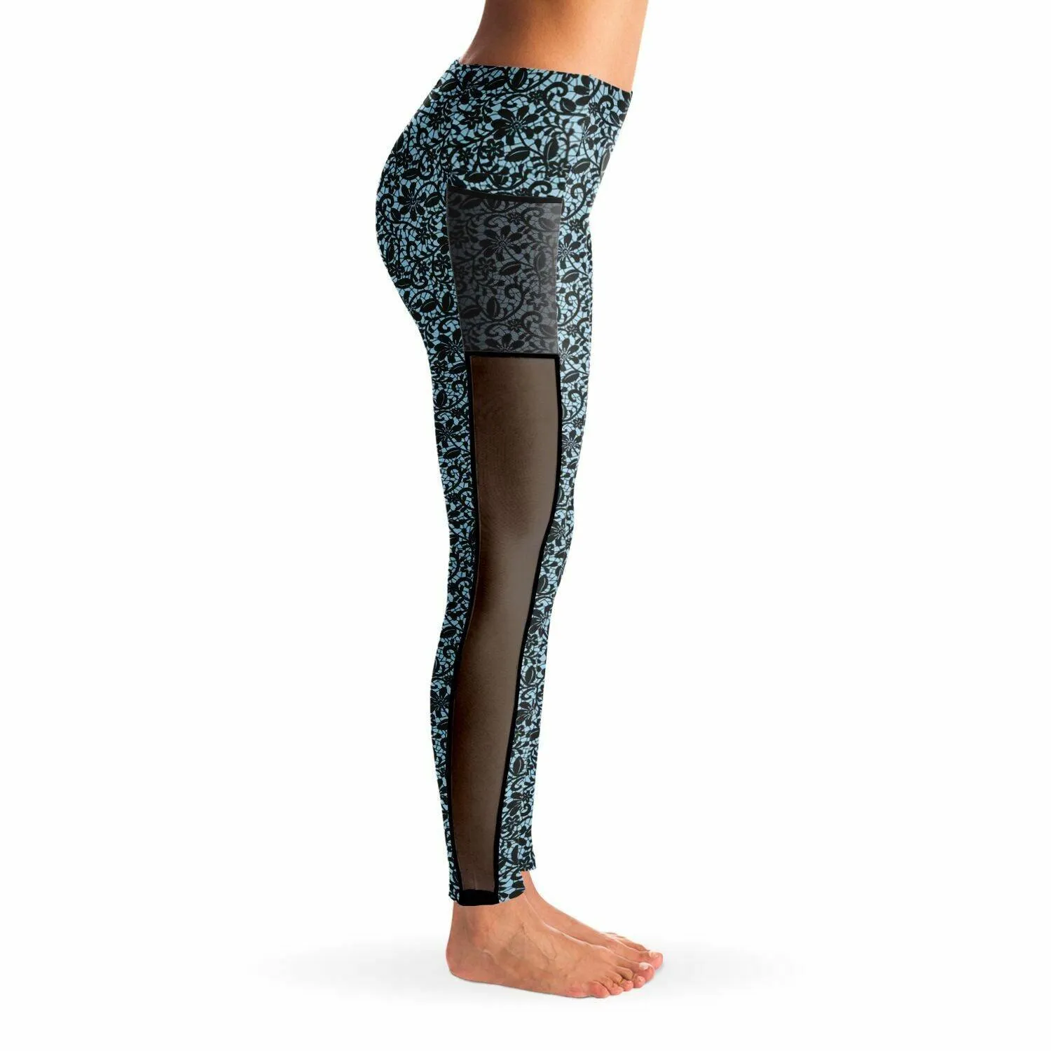 Blue and Black Lace Mesh Pocket Legging