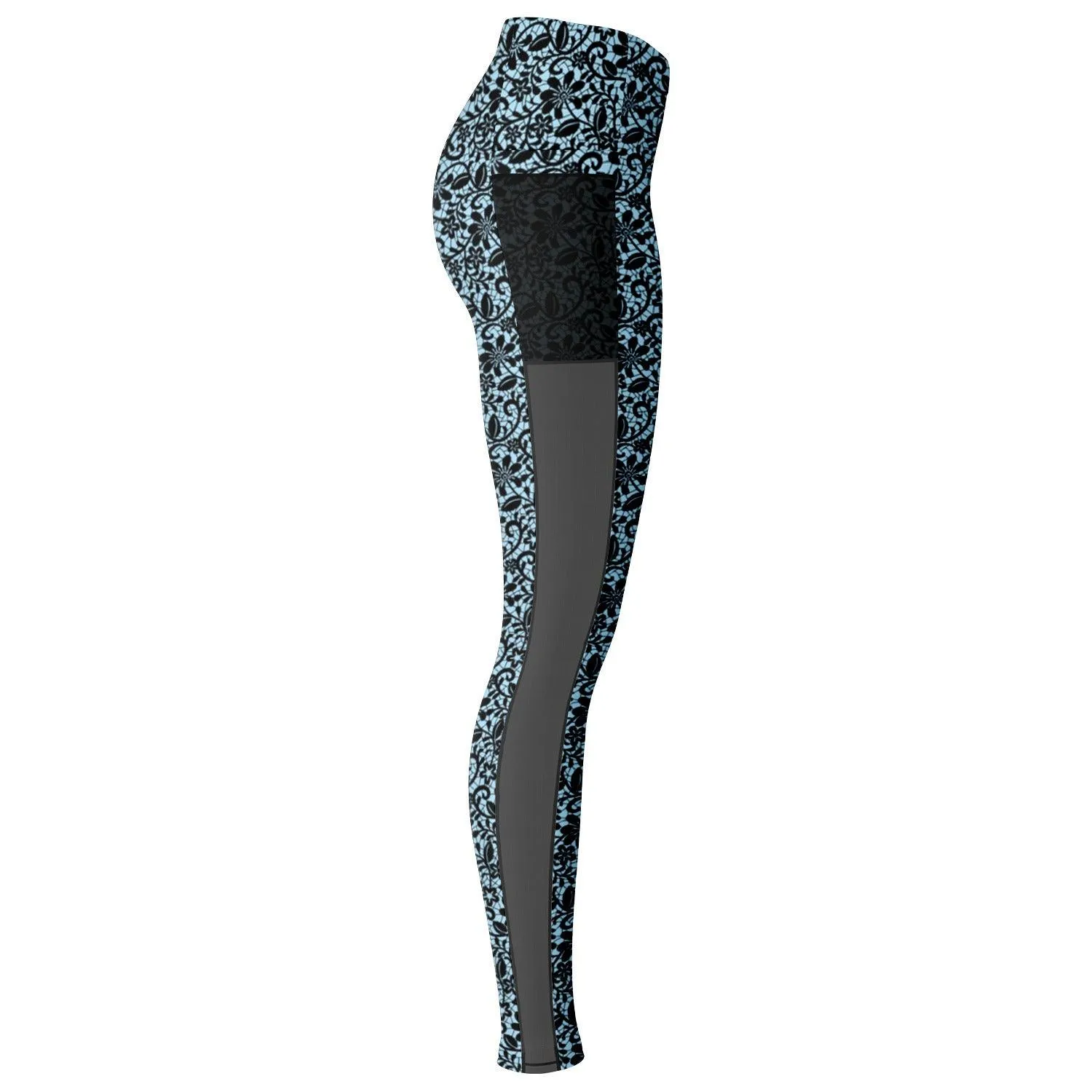 Blue and Black Lace Mesh Pocket Legging