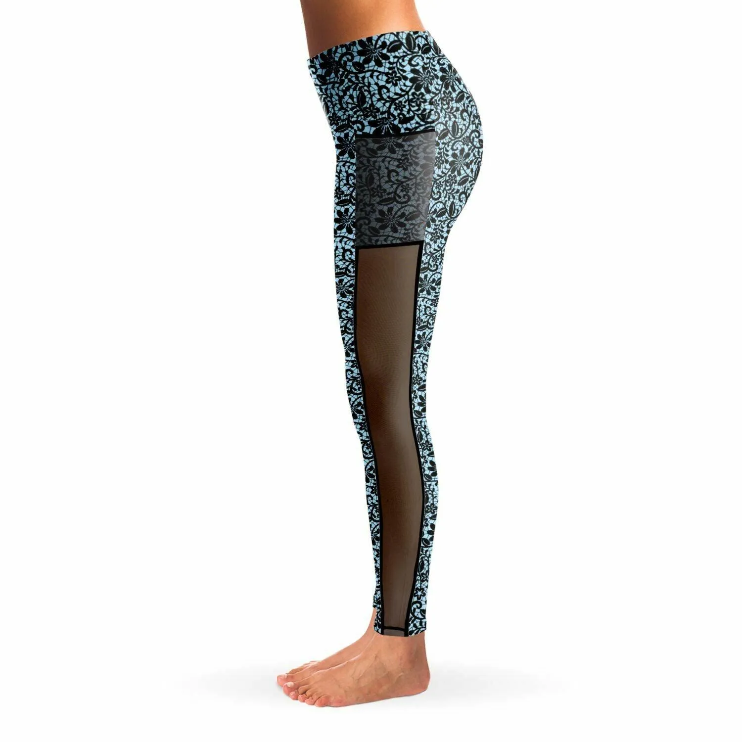 Blue and Black Lace Mesh Pocket Legging