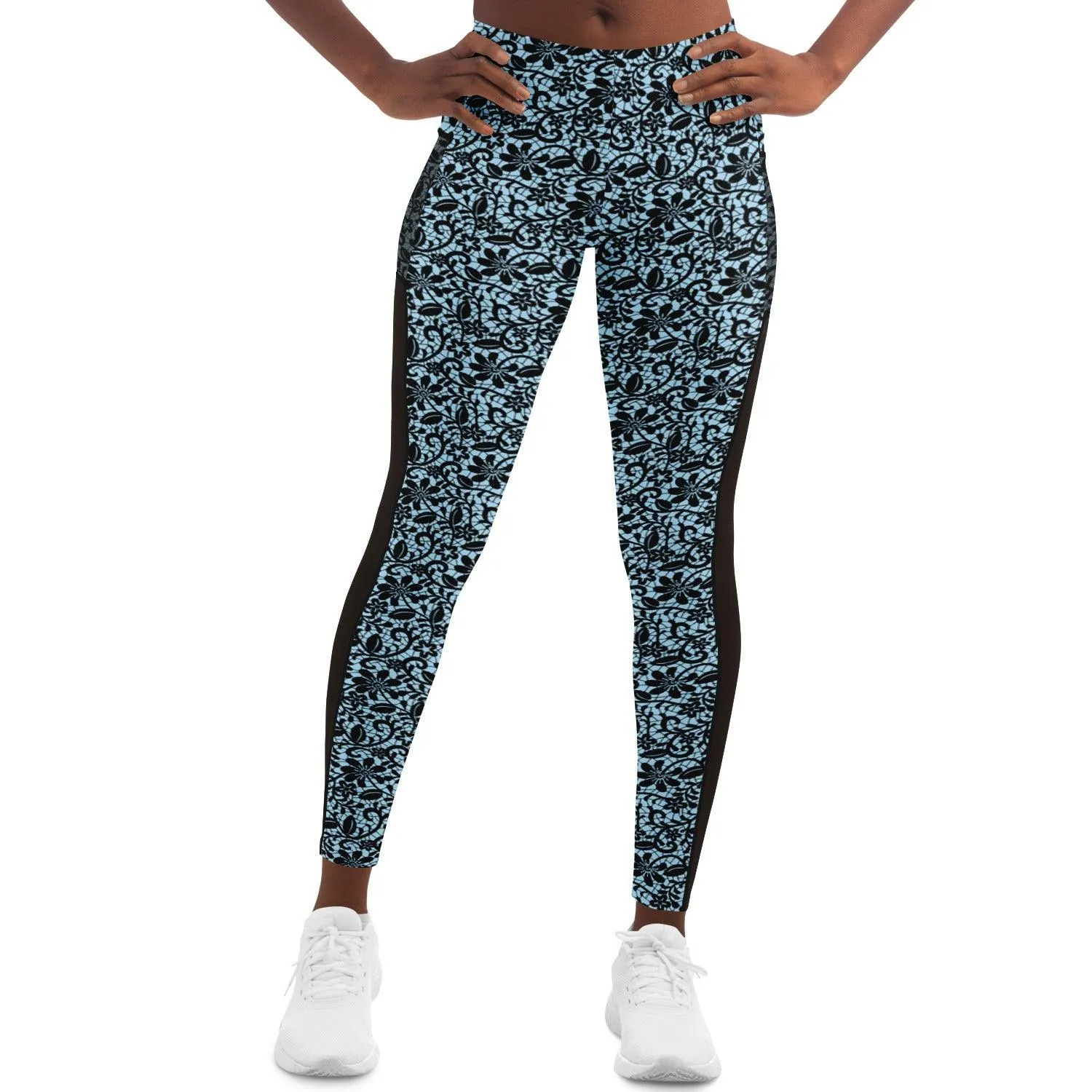 Blue and Black Lace Mesh Pocket Legging