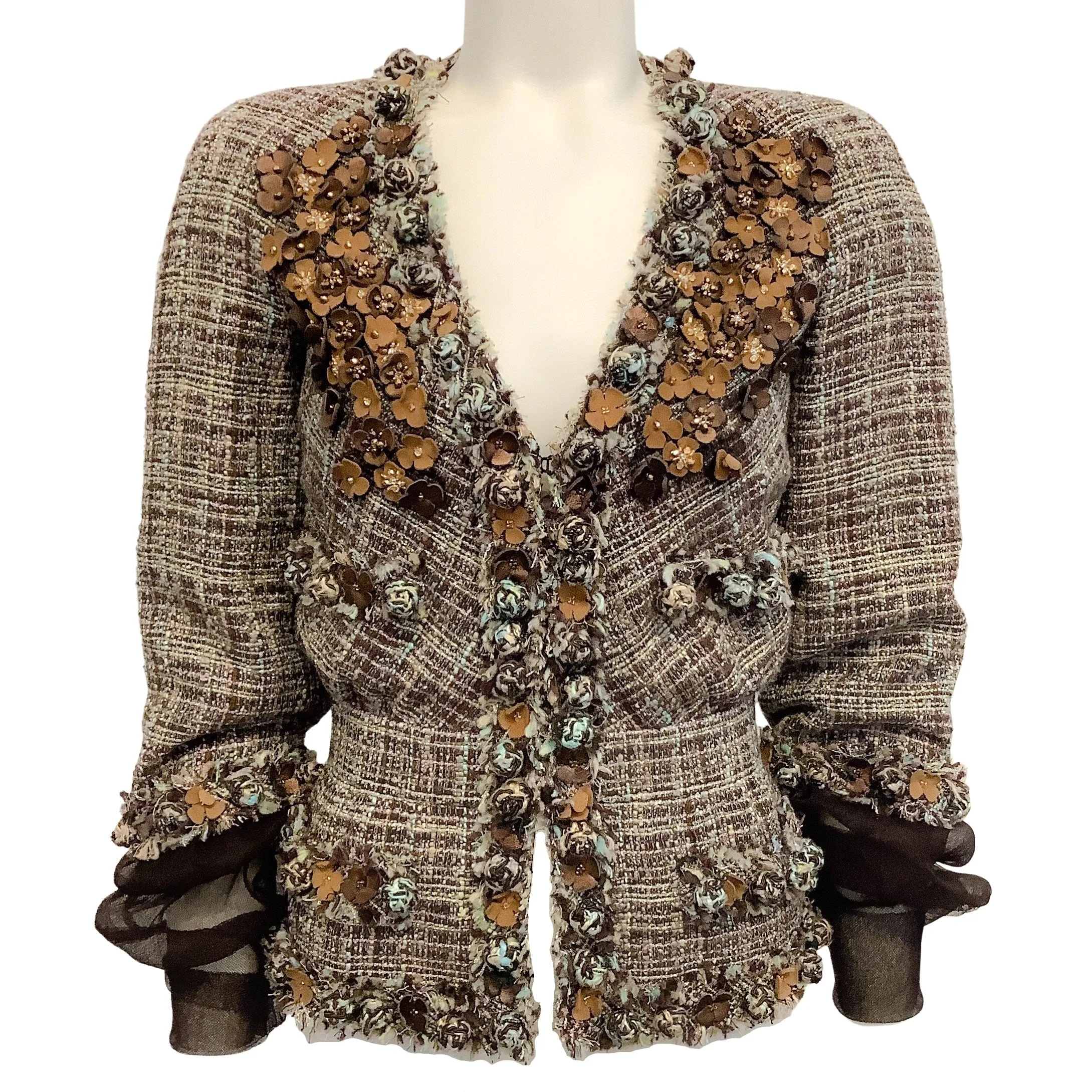 Chanel Brown / Green Tweed Jacket with Sheer Sleeves