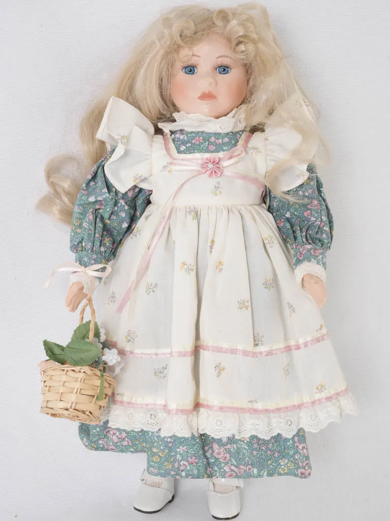 French Porcelain doll w/ blonde hair and pretty floral & lace dress 16¼"