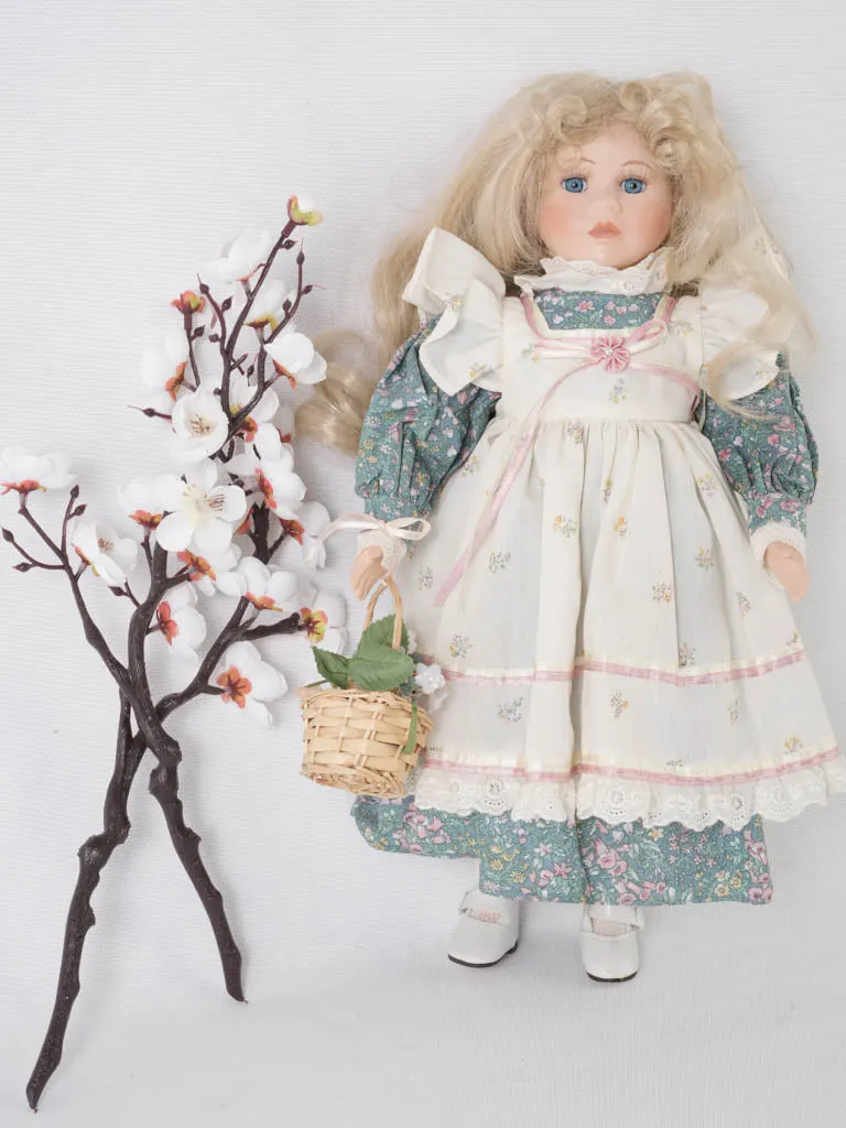 French Porcelain doll w/ blonde hair and pretty floral & lace dress 16¼"