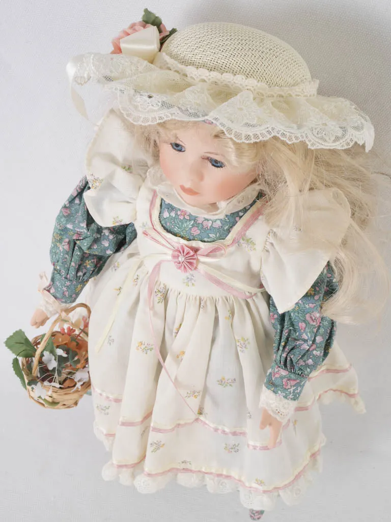 French Porcelain doll w/ blonde hair and pretty floral & lace dress 16¼"