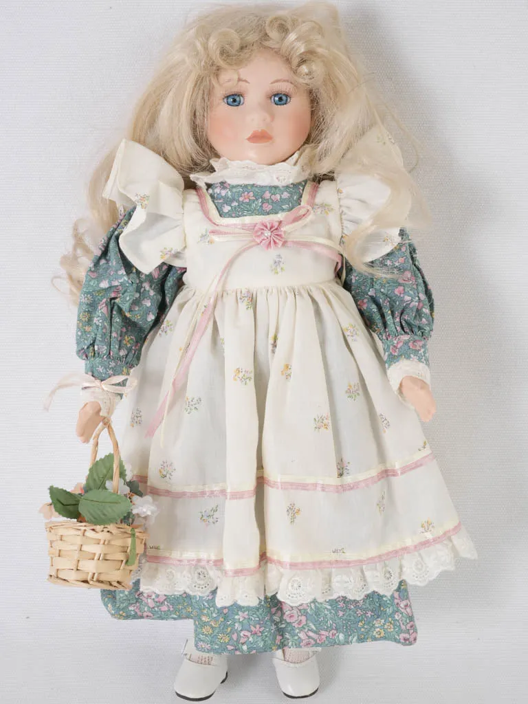 French Porcelain doll w/ blonde hair and pretty floral & lace dress 16¼"