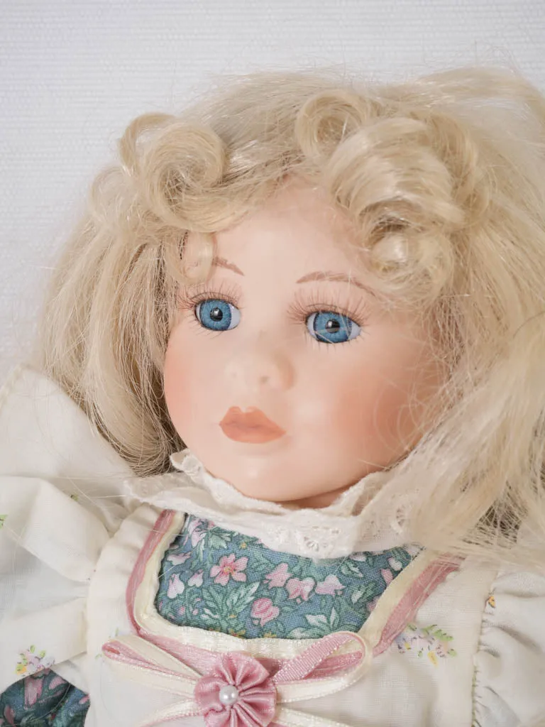 French Porcelain doll w/ blonde hair and pretty floral & lace dress 16¼"