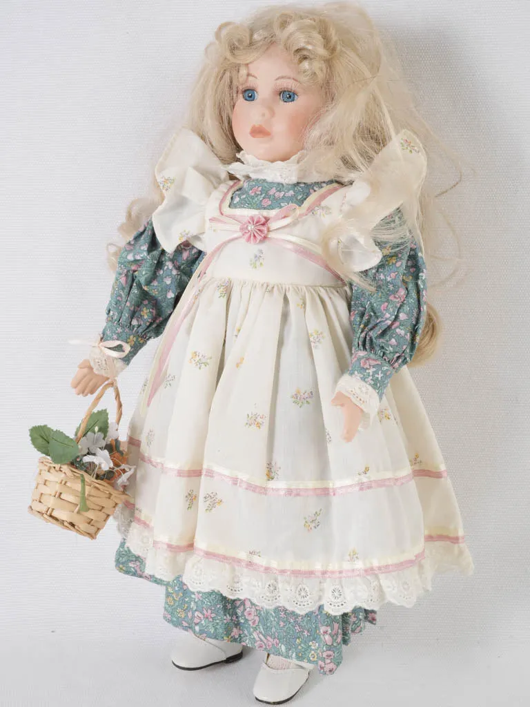 French Porcelain doll w/ blonde hair and pretty floral & lace dress 16¼"