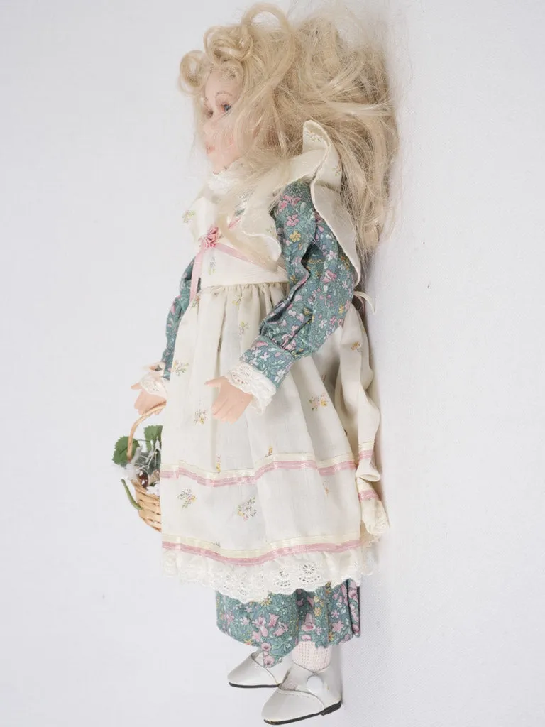 French Porcelain doll w/ blonde hair and pretty floral & lace dress 16¼"