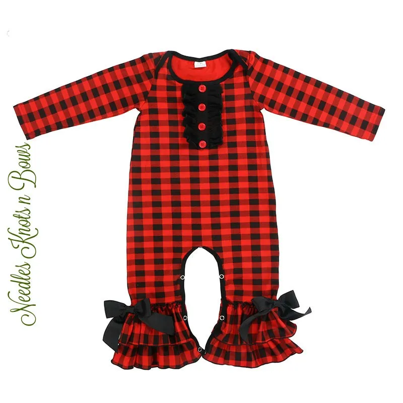 Girls Buffalo Plaid Christmas Romper, Long Sleeved Romper, Baby Girls Christmas Outfit