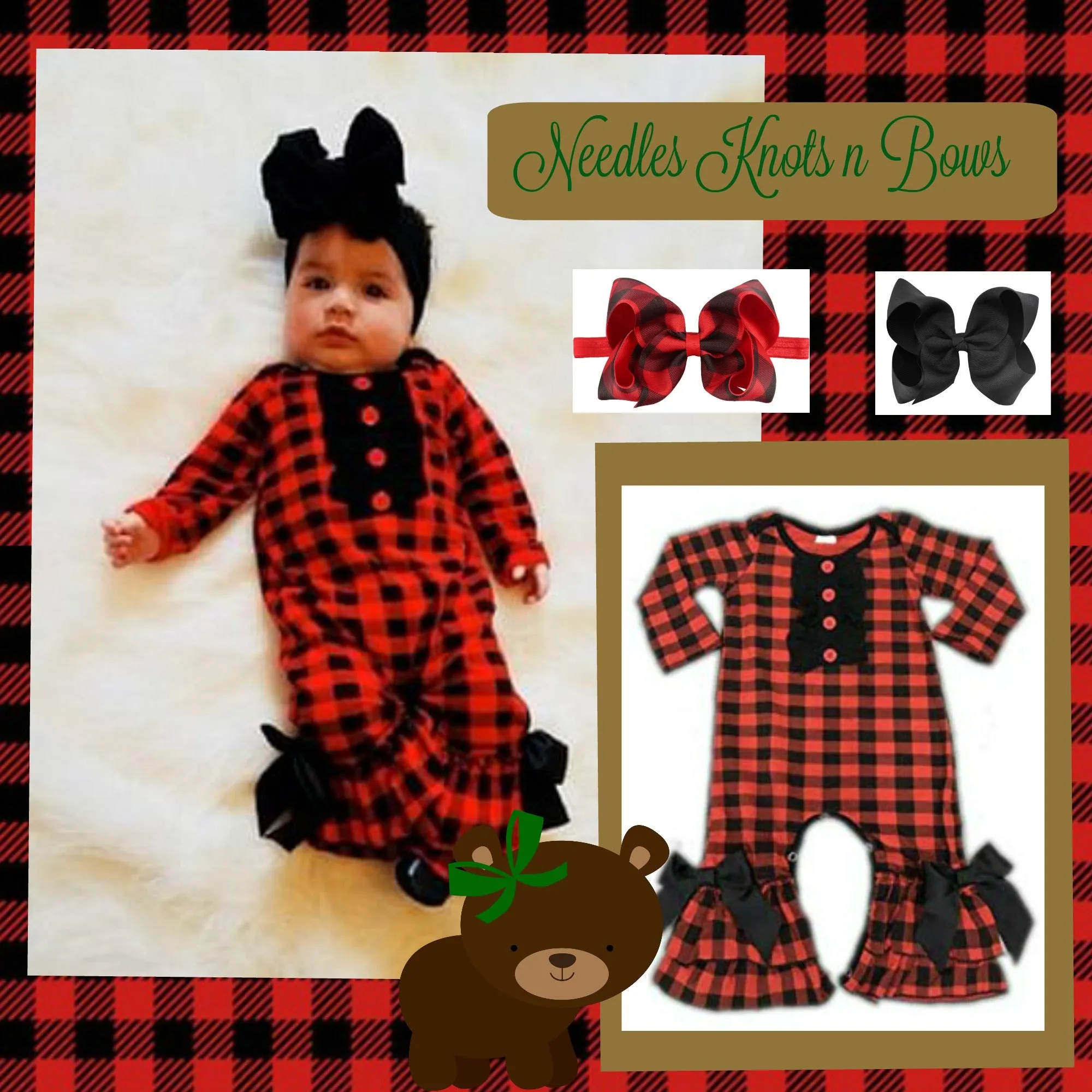 Girls Buffalo Plaid Christmas Romper, Long Sleeved Romper, Baby Girls Christmas Outfit