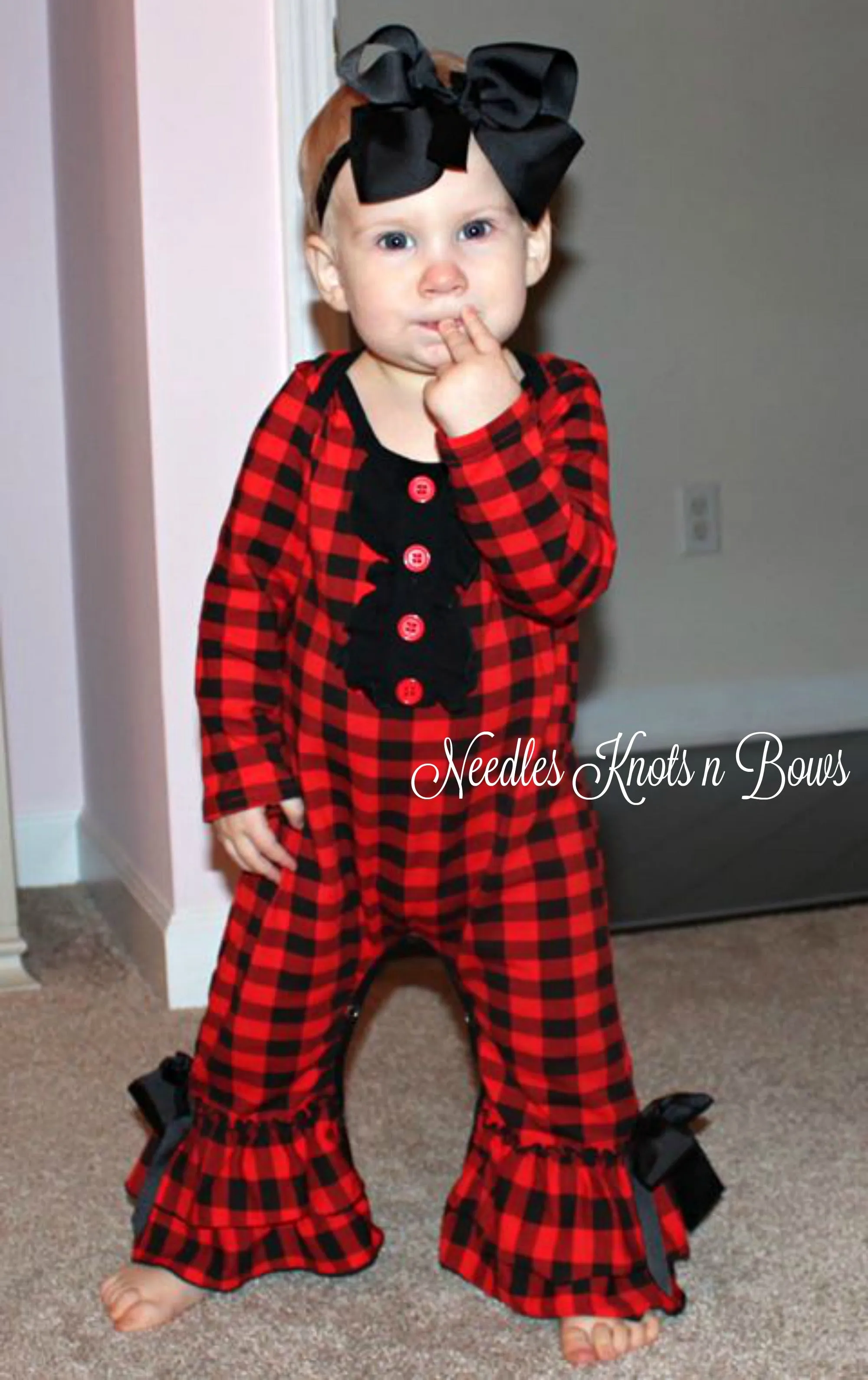 Girls Buffalo Plaid Christmas Romper, Long Sleeved Romper, Baby Girls Christmas Outfit