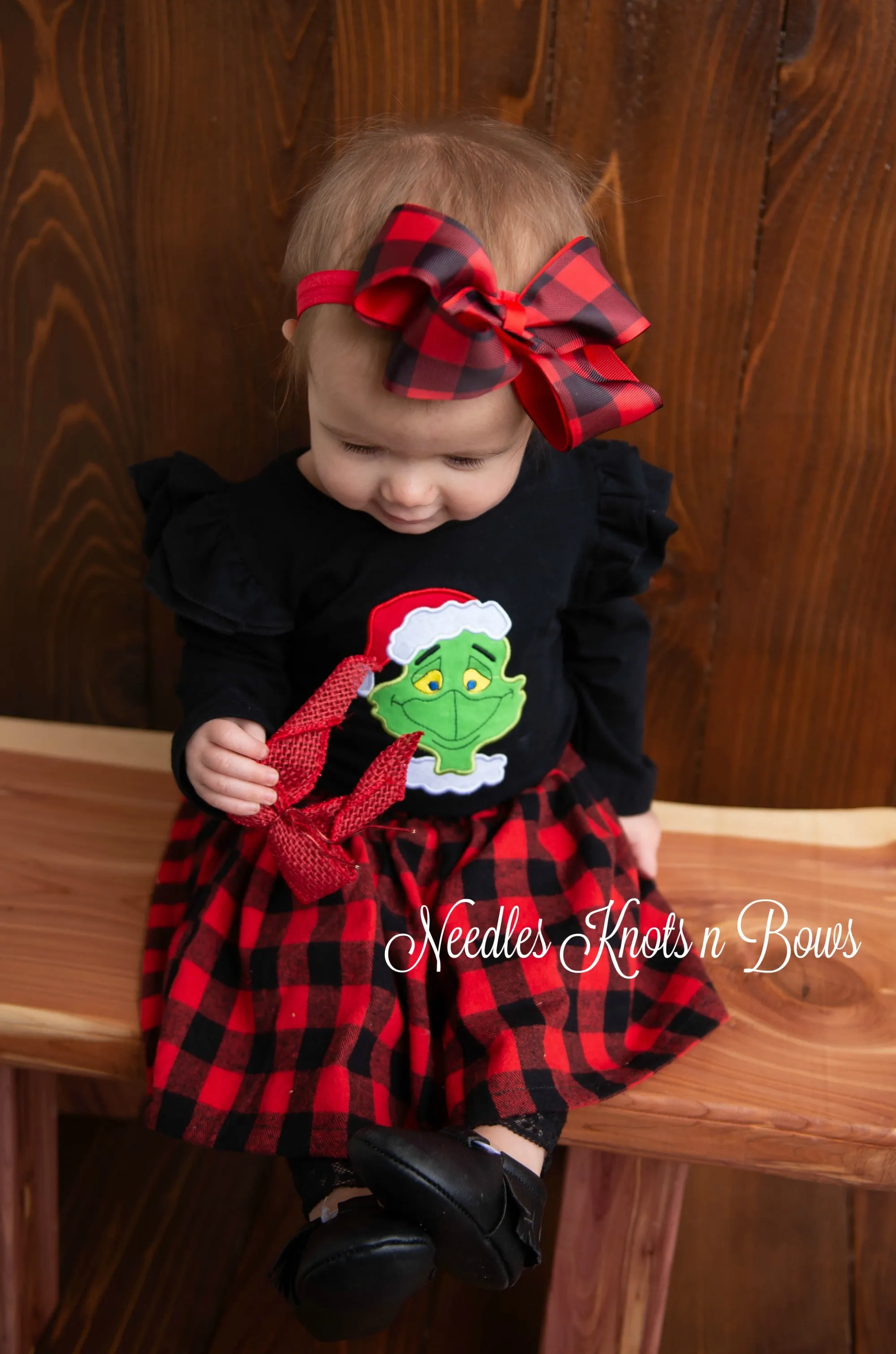 Girls Grinch Outfit, Girls Christmas Outfit, Girls Buffalo Plaid Skirt with Grinch Top