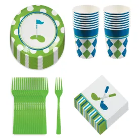 Golf Par-Tee Pack - Paper Dessert Plates, Lunch Napkins, Beverage Cups, and Forks Set (Serves 16)