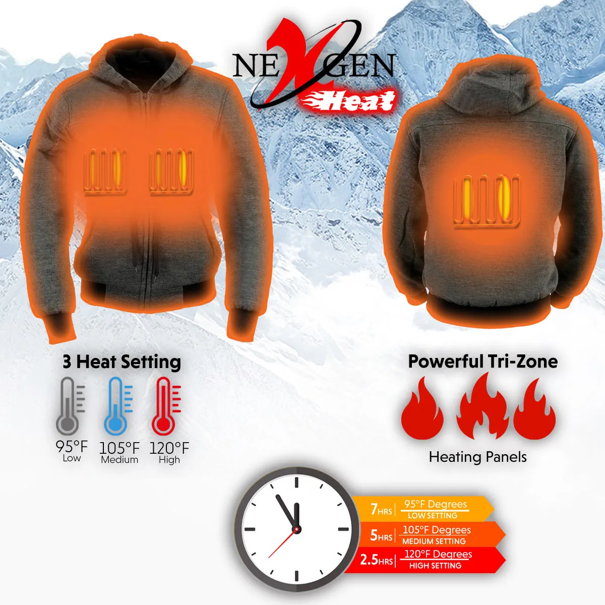 Nexgen Heat NXL2713SET Women 'Heated' Front Zipper Grey Hoodie Jacket for Outdoor Activities  w/ Battery Pack