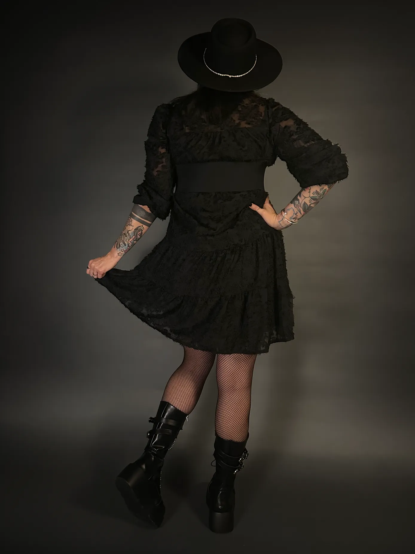 Outfit Set - Black Long Sleeve Button-up Goth Dress & Underbust Harness Corset Belt