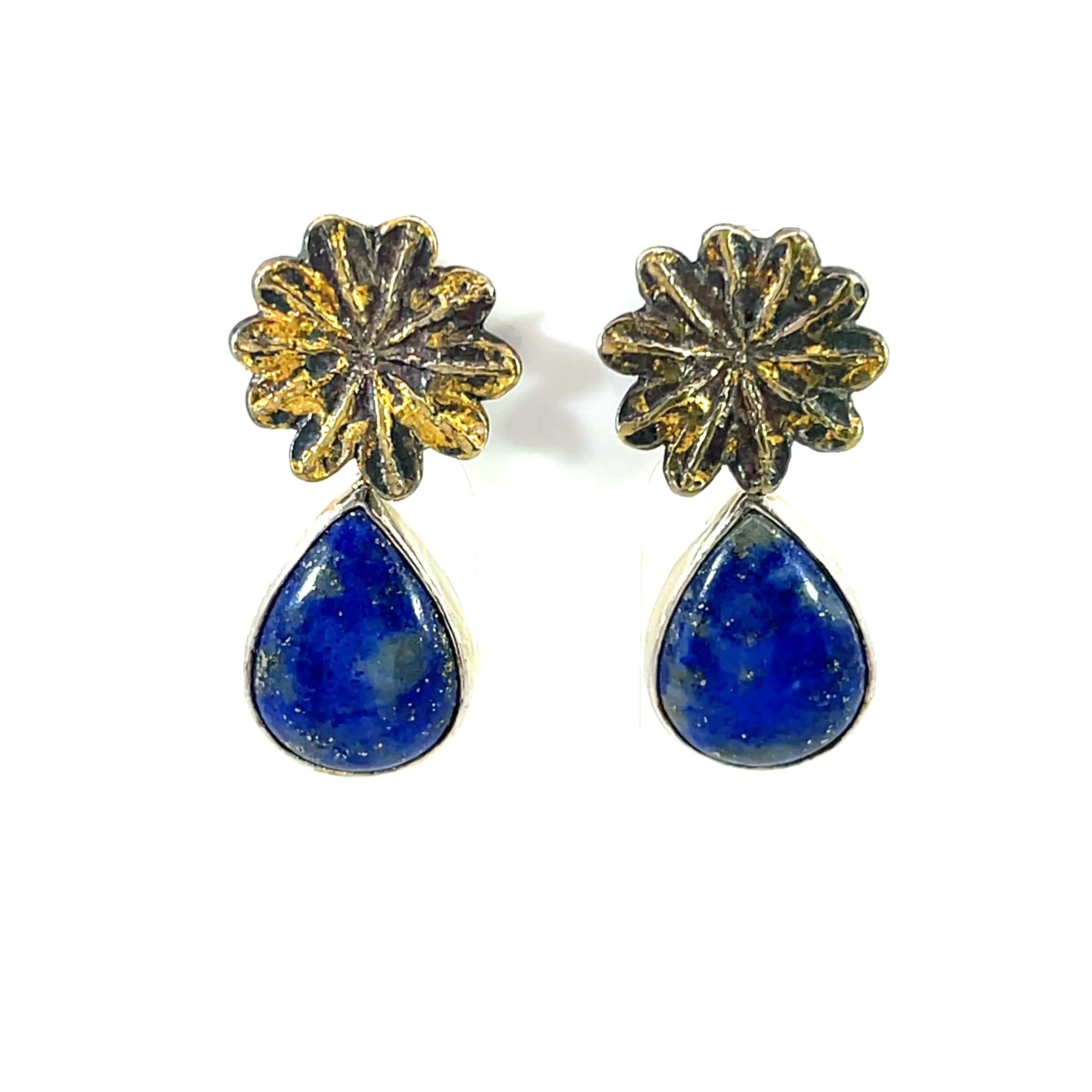 Oxidized Sterling Silver Flower Studs with 23k Gold Leaf