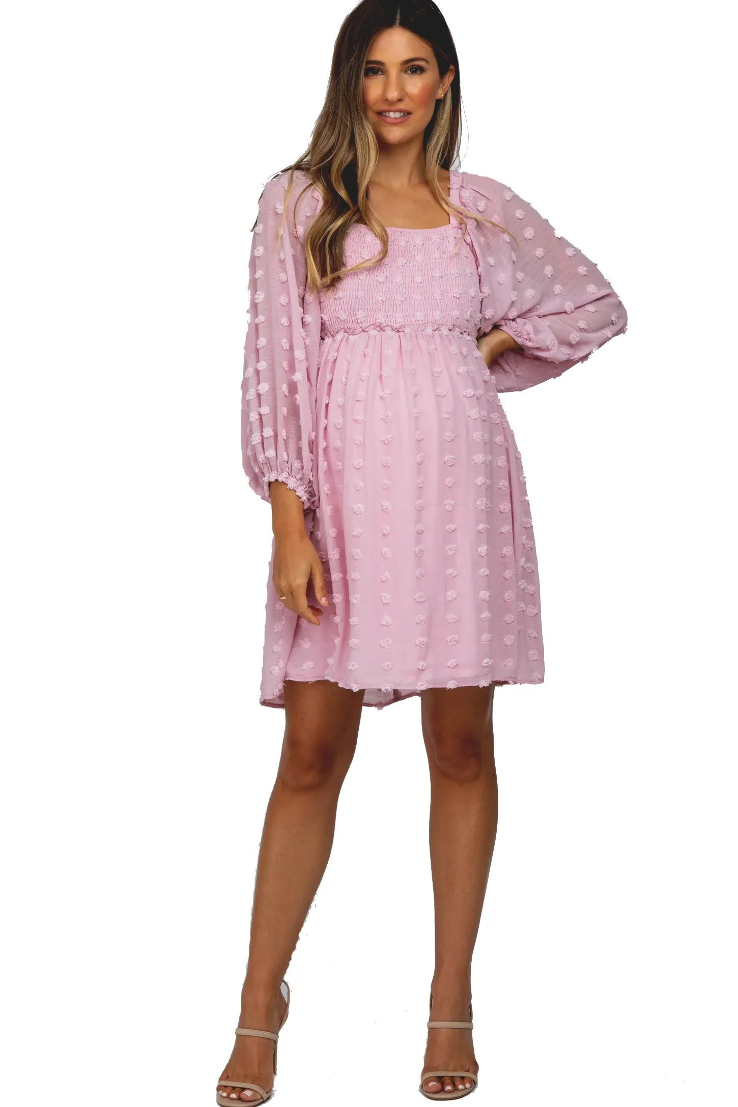 Rich Blush Pompom Baby Shower Maternity Nursing Dress