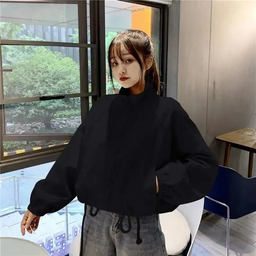 Vintage Baseball Jacket Women Korean Zipper Soild Drawstring Sexy Cropped Tops Harajuku Y2K Pocket Loose Casual Female Outwear