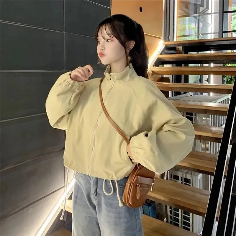 Vintage Baseball Jacket Women Korean Zipper Soild Drawstring Sexy Cropped Tops Harajuku Y2K Pocket Loose Casual Female Outwear