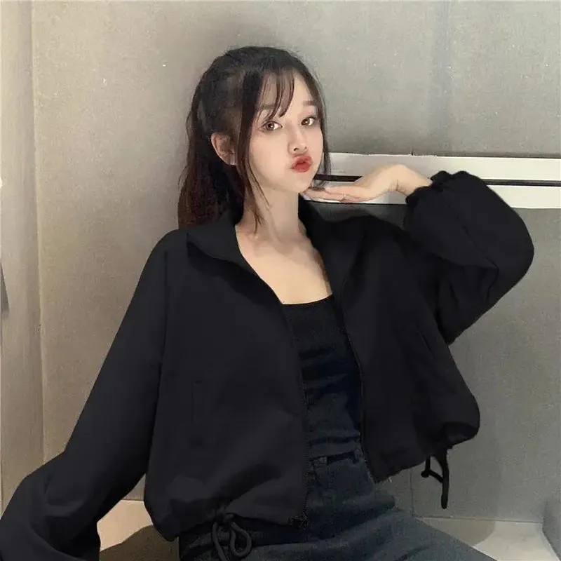 Vintage Baseball Jacket Women Korean Zipper Soild Drawstring Sexy Cropped Tops Harajuku Y2K Pocket Loose Casual Female Outwear