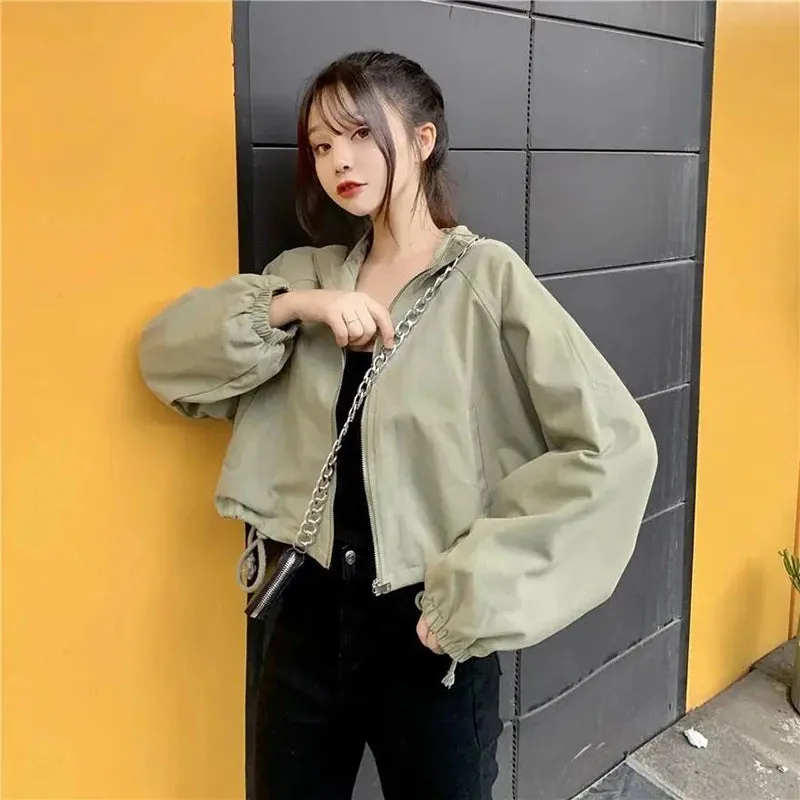 Vintage Baseball Jacket Women Korean Zipper Soild Drawstring Sexy Cropped Tops Harajuku Y2K Pocket Loose Casual Female Outwear