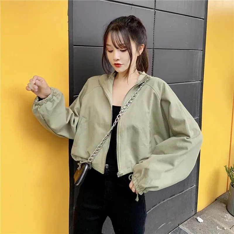 Vintage Baseball Jacket Women Korean Zipper Soild Drawstring Sexy Cropped Tops Harajuku Y2K Pocket Loose Casual Female Outwear