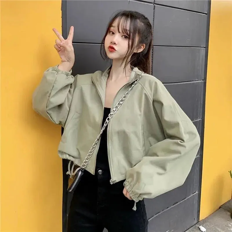 Vintage Baseball Jacket Women Korean Zipper Soild Drawstring Sexy Cropped Tops Harajuku Y2K Pocket Loose Casual Female Outwear