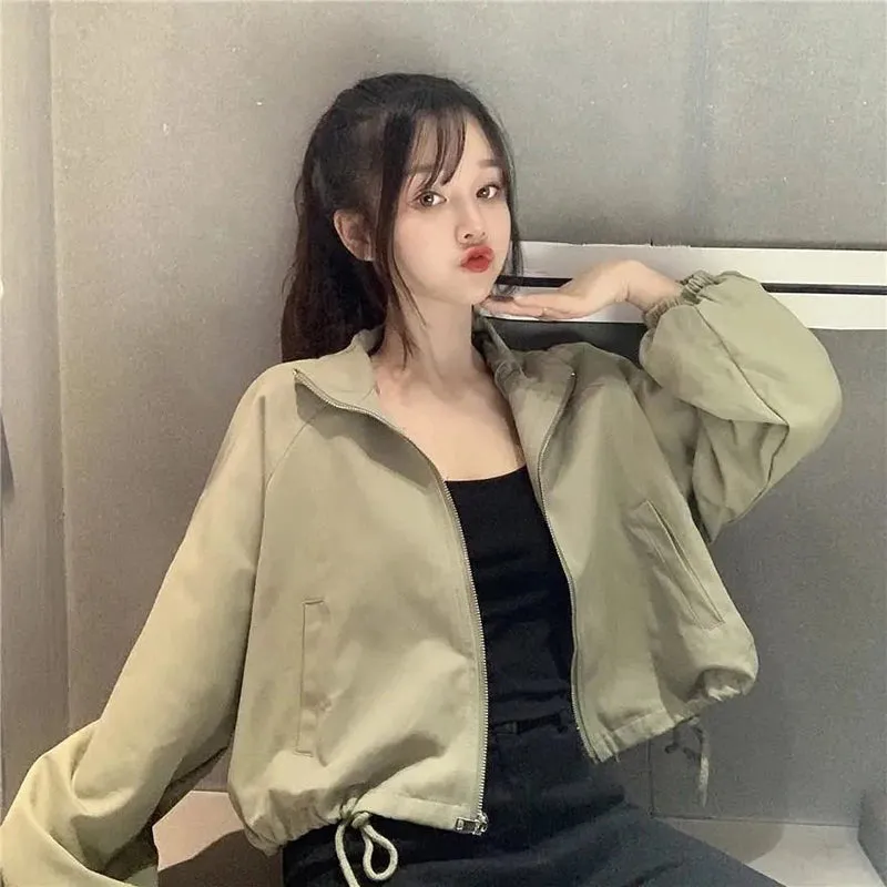 Vintage Baseball Jacket Women Korean Zipper Soild Drawstring Sexy Cropped Tops Harajuku Y2K Pocket Loose Casual Female Outwear