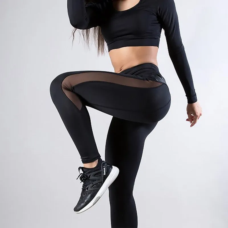 Womens High Waist Black Slim Fit Yoga Leggings with Vegan Leather Details